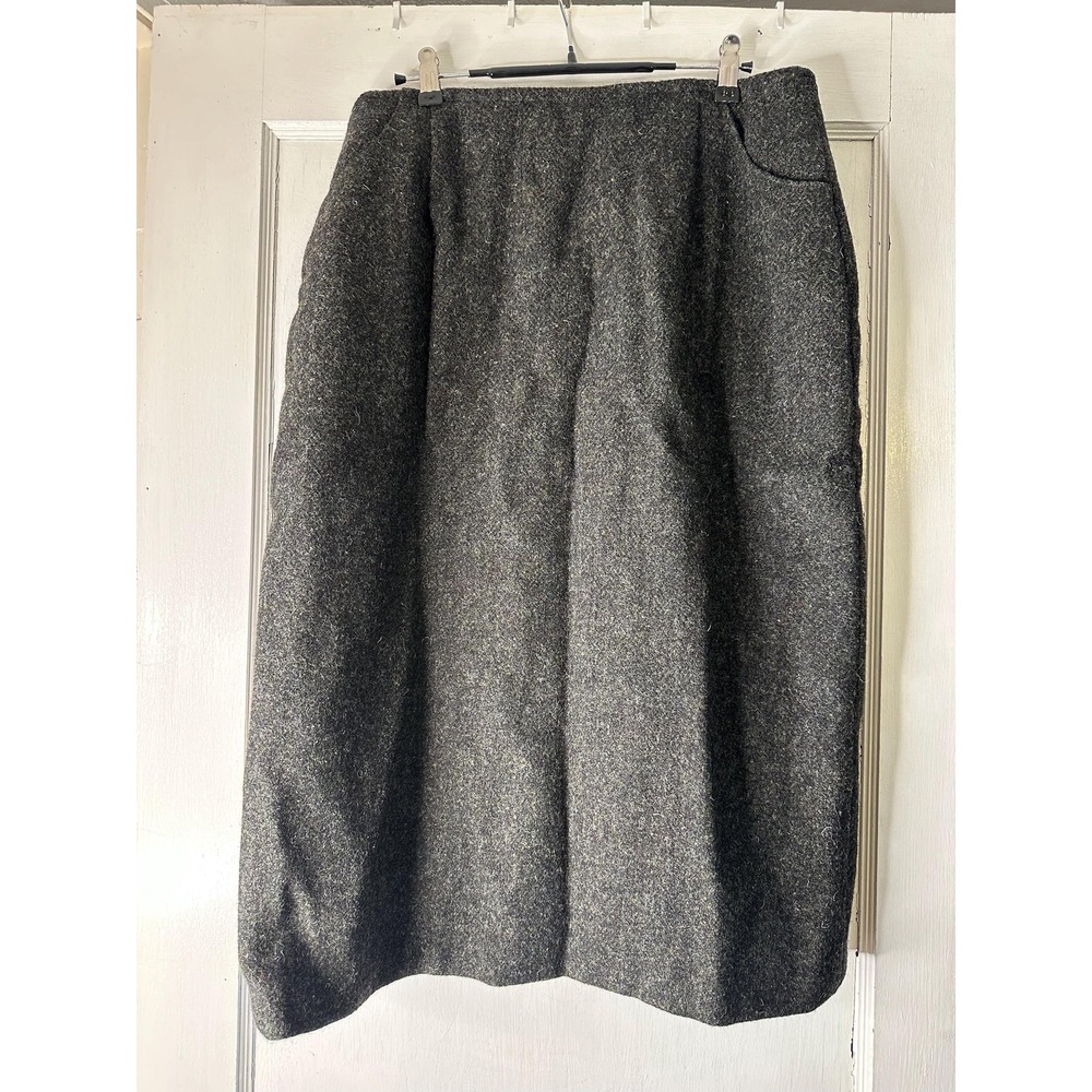 Vintage Harris Tweed Grayish Green Wool Skirt Midi Pockets Hand Woven